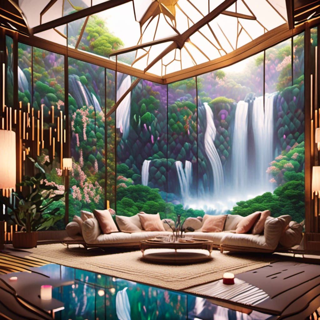 Living Room with Waterfalls in Origami Style