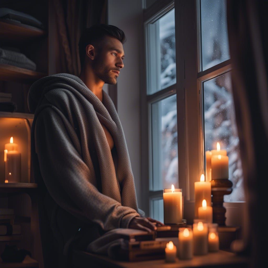 Cozy Bedroom Scene with Snow and Figure