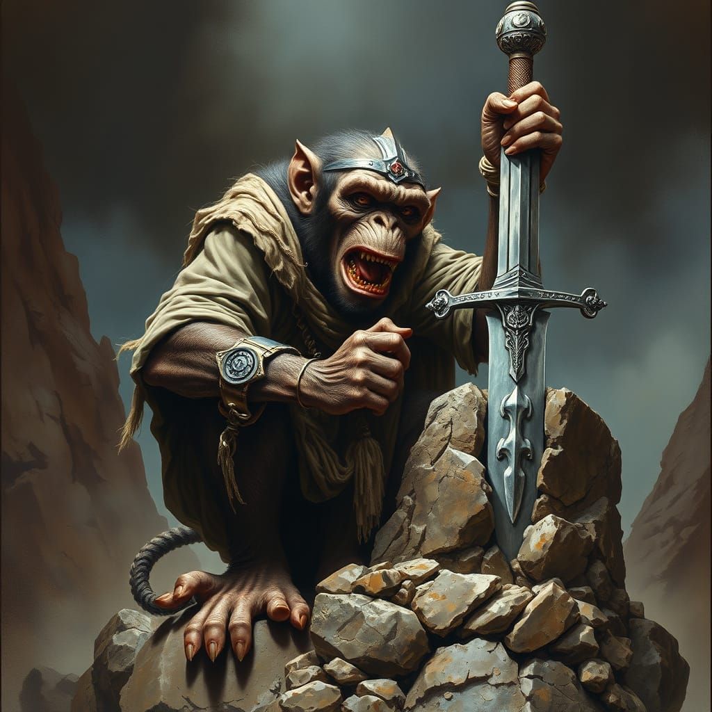 Grotesque Monkey Pulling Excalibur