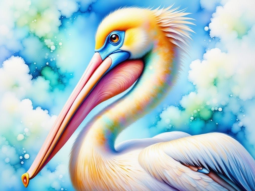 Hyper Realistic White Pelican in Dreamy Watercolor Style