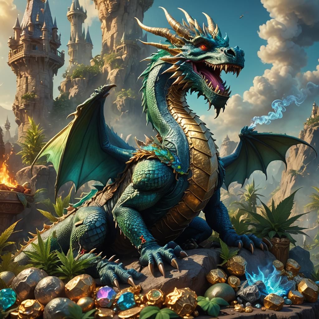 Fantasy Dragon Smoking Joint on Treasure Pile