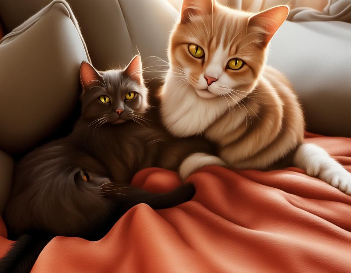 Cats Cuddling in Cozy Living Room: Hyper-Realistic Digital A...