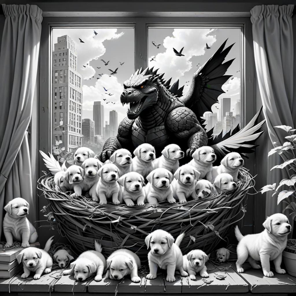 Ten baby puppies in one nest with golden birds breaking the ...