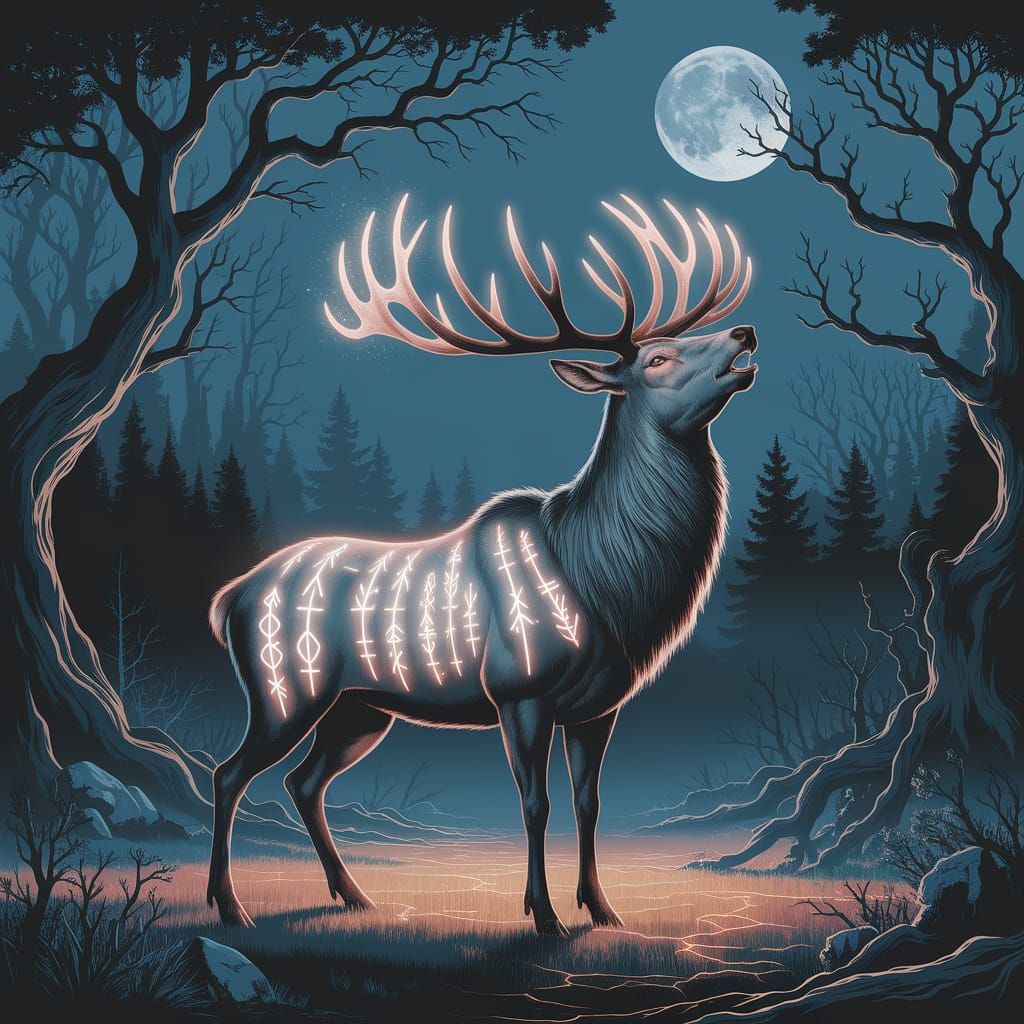 Moonlit Stag with Radiant Antlers and Glowing Runes