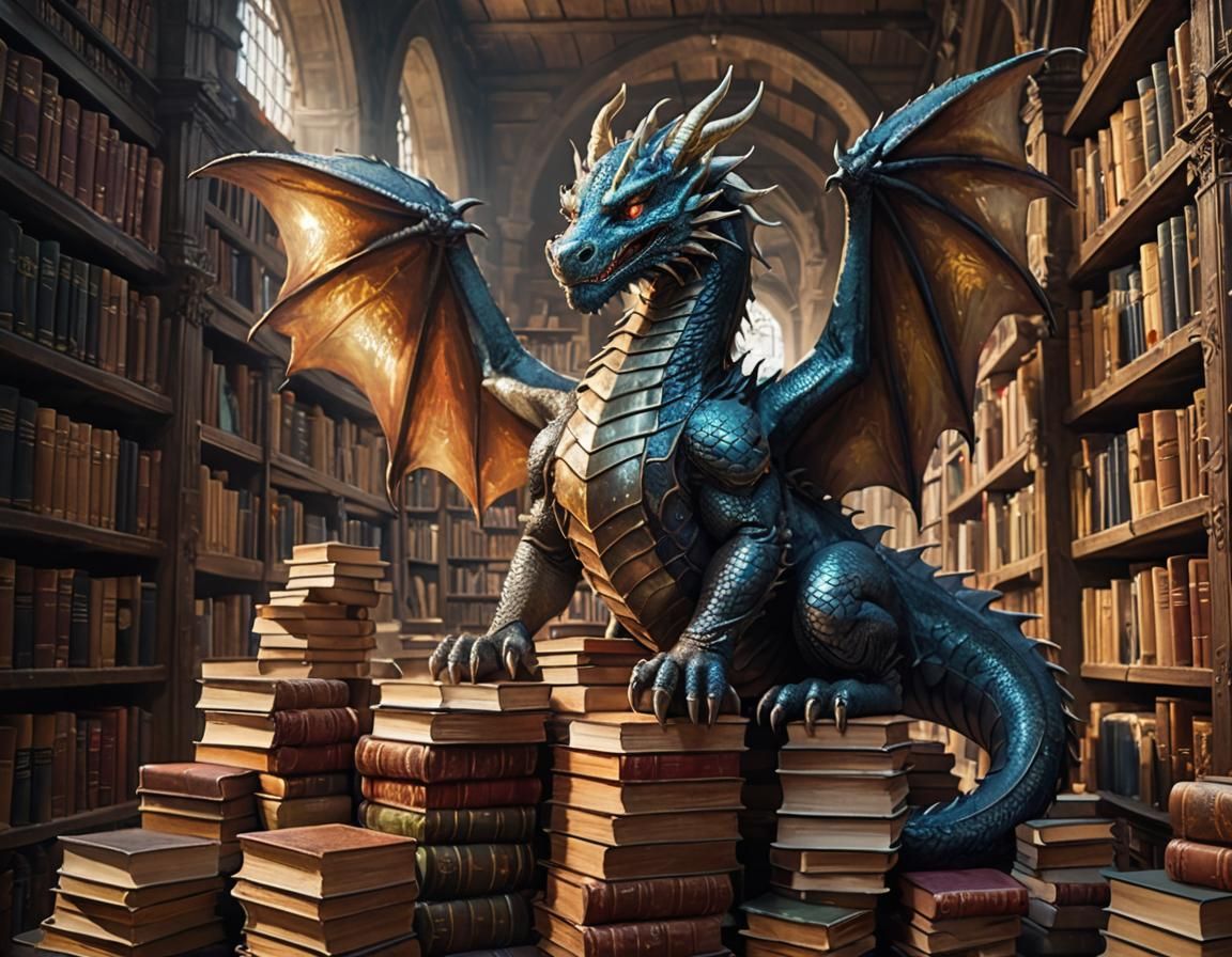Dragon on Book Mountain in Ancient Library