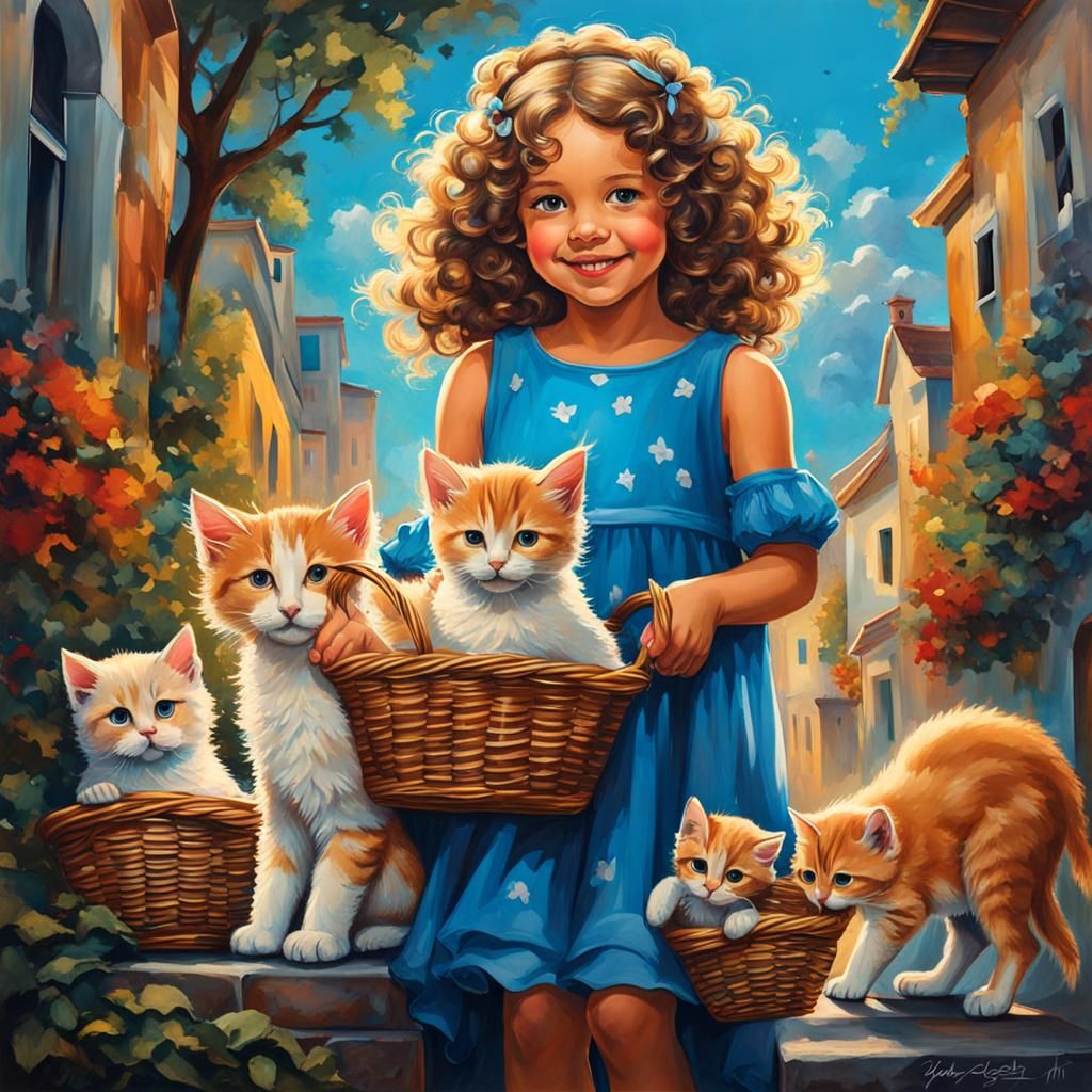 Girl with Kittens and Angel in Graffiti Art