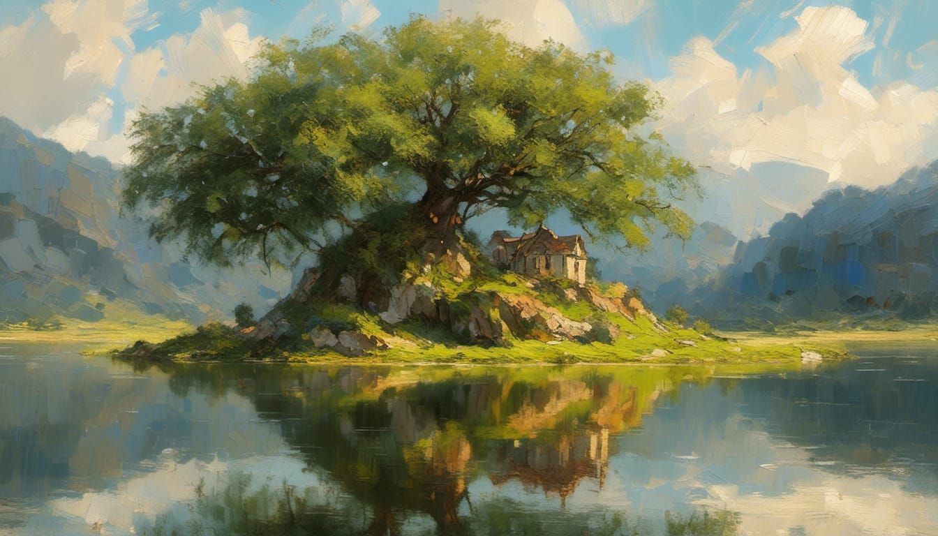 Lone Tree on Island in Lake with Delicate Strokes