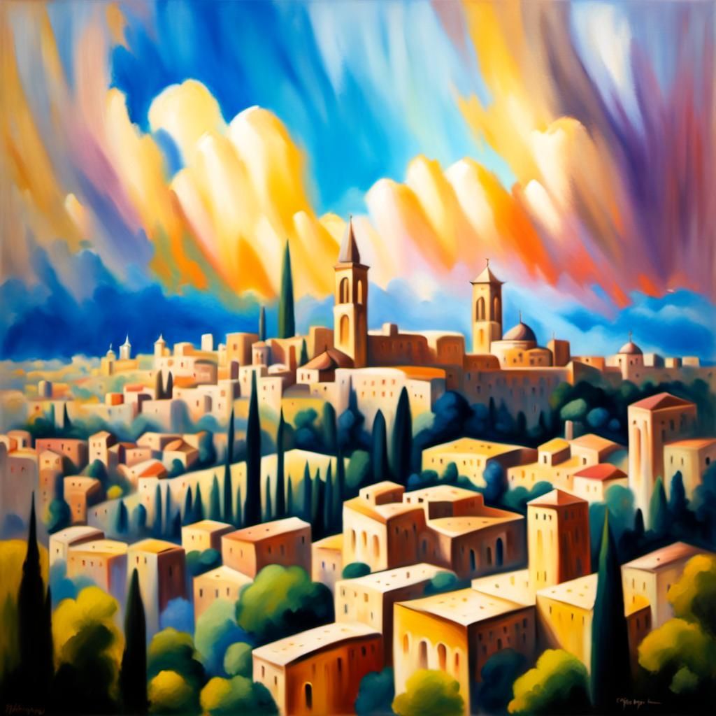 Heavenly Jerusalem Skyline: Vibrant Oil Painting
