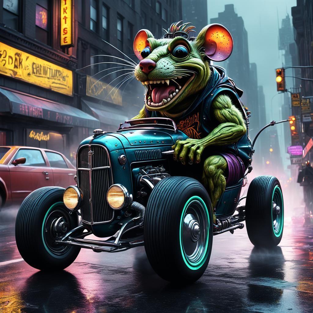Rat Fink Hotrod Races Through New York City