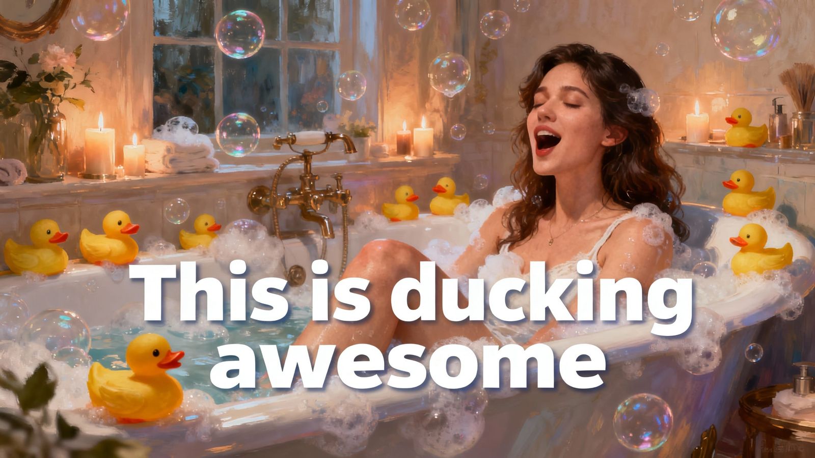 Woman Singing in Bubble Bath Surrounded by Rubber Ducks