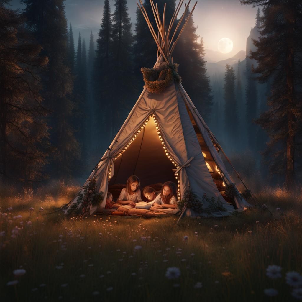 Children Sleeping in Meadow Teepee, Detailed Matte Painting