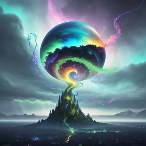 Iridescent Orb Above Tornado in Surrealist Style