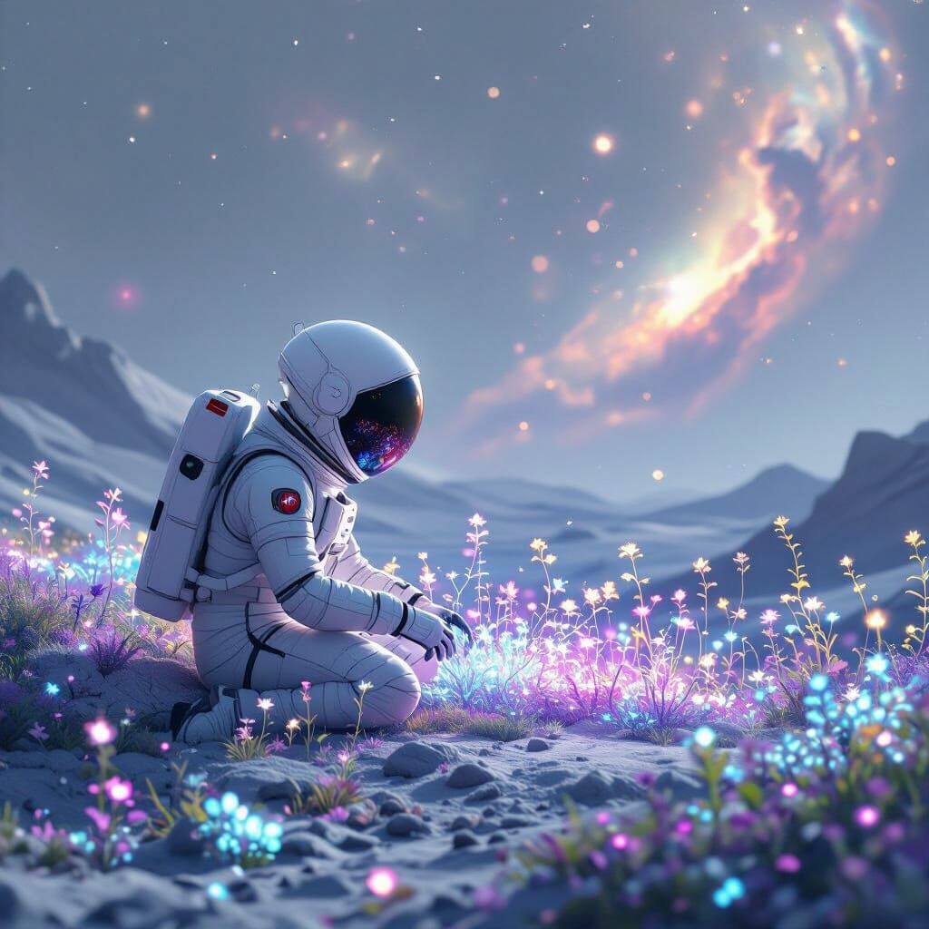 Astronaut Tends Glowing Moon Garden Amidst Nebula