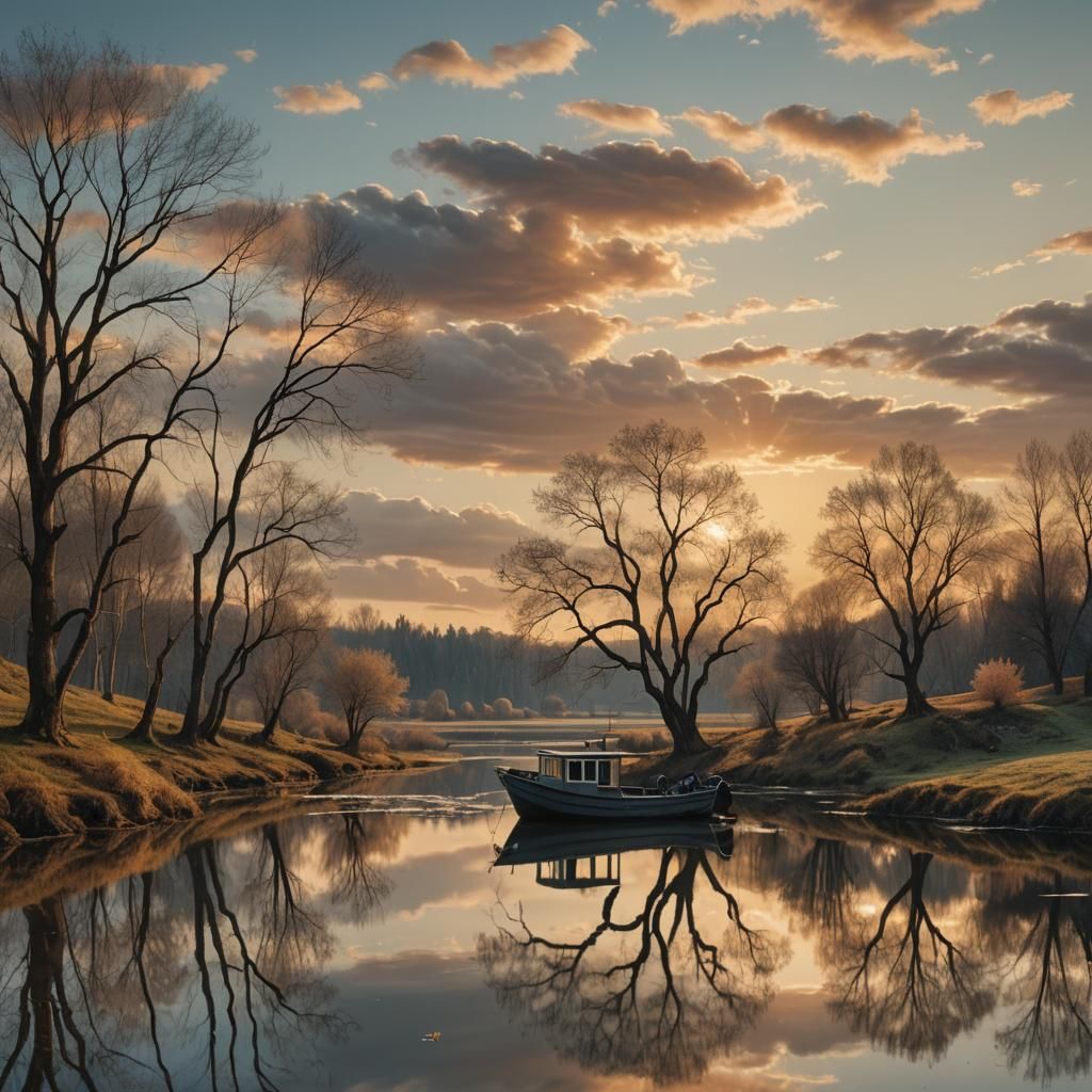 Golden Hour: Lonely Boat on Still Pond