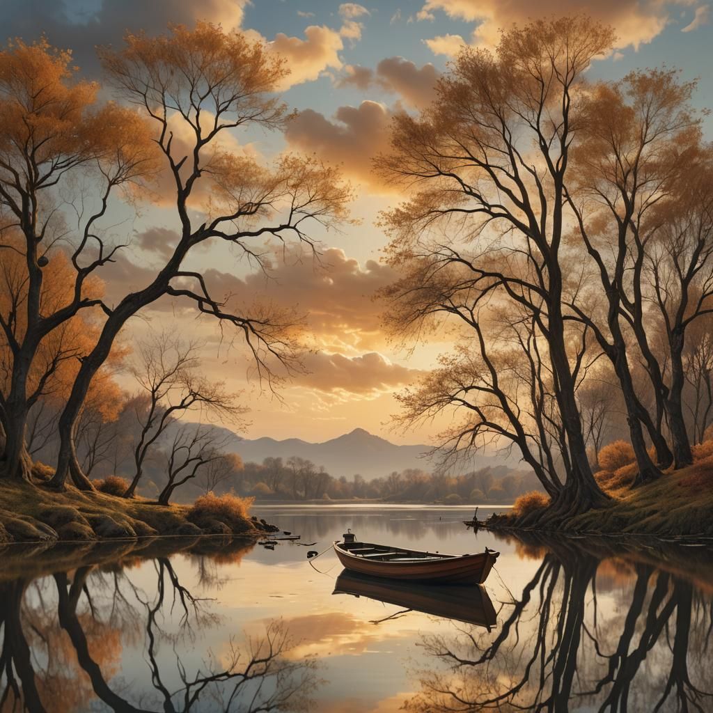 Golden Hour Boat Reflects Tranquil Pond