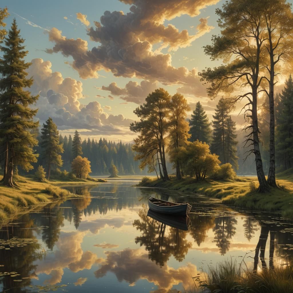 Golden Hour Fishing Boat Landscape Painting