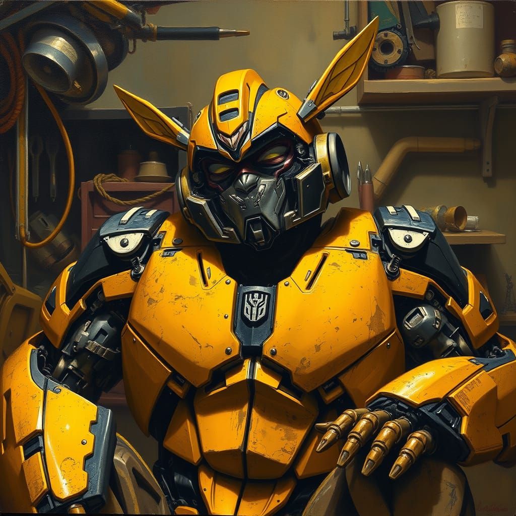 Bumblebee Exhausted in Garage, Realistic Oil Painting
