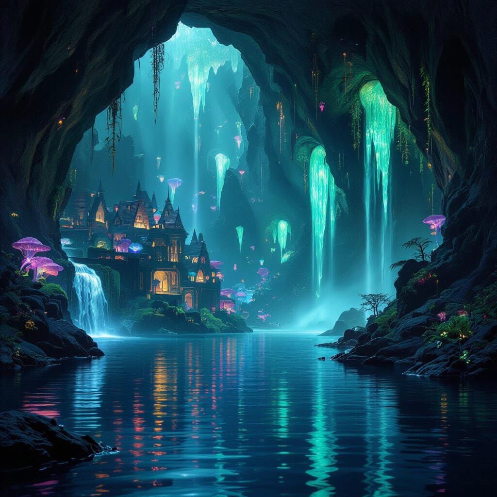 Underdark Lakeside Town with Bioluminescent Fungal Waterfall...