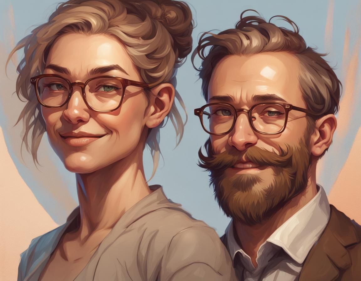 Smiling Woman and Bearded Man: Hyperdetailed Portrait