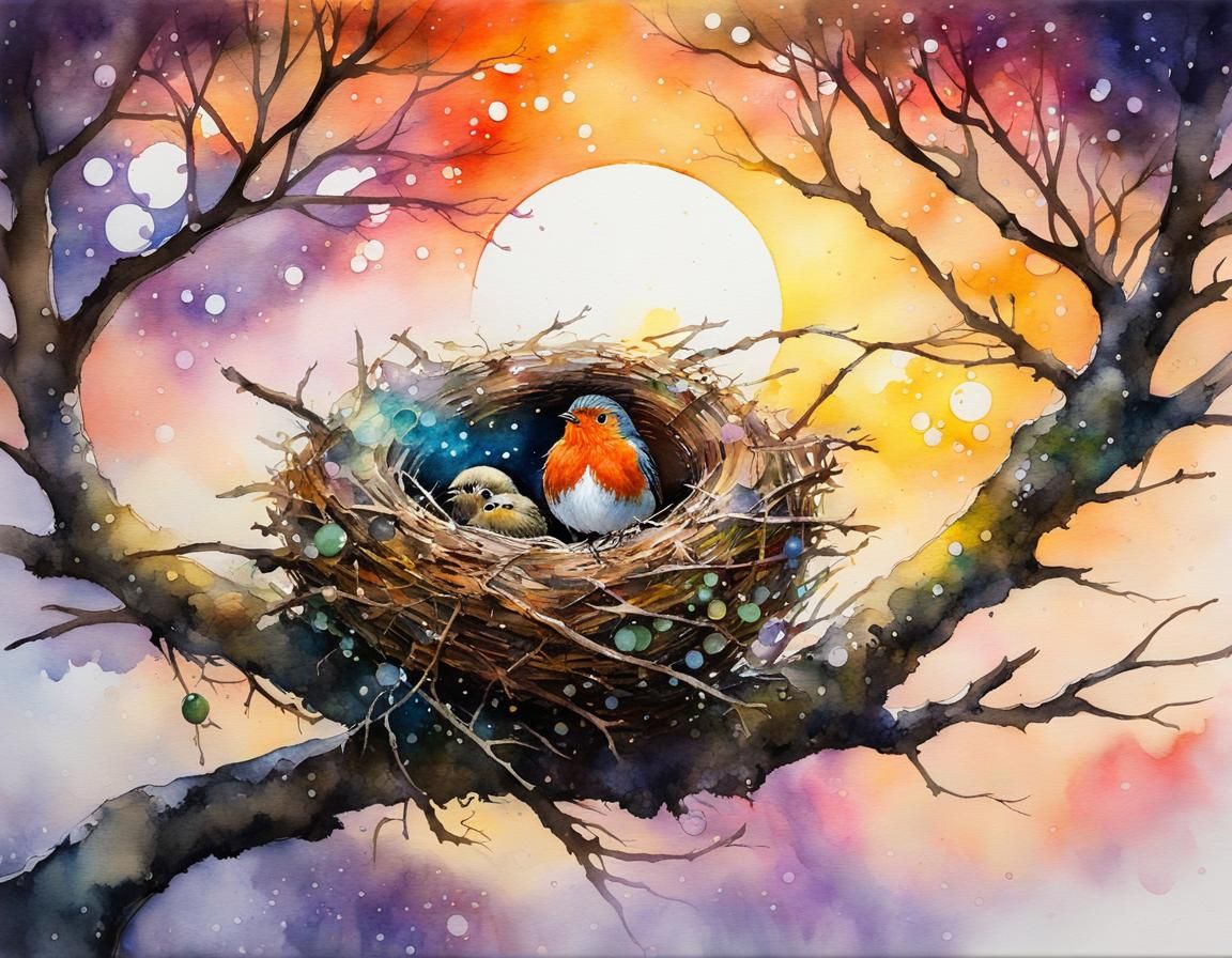 Watercolor Robin's Nest at Sunrise in Fantasycore Style