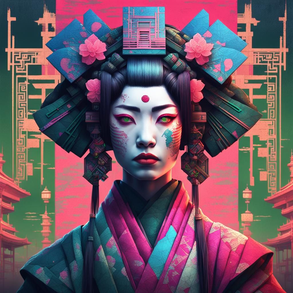Cyberpunk Geisha Portrait with Intricate Details