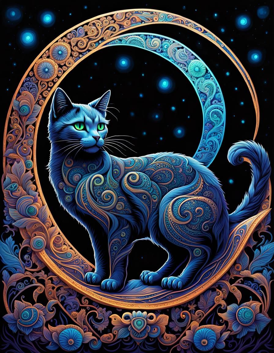 Mystical Filigree Cat on Crescent Moon in Black Light