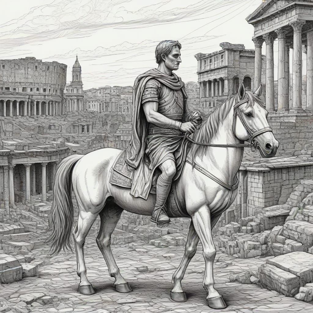 Julius Caesar on Horseback Overlooking Imperial Rome