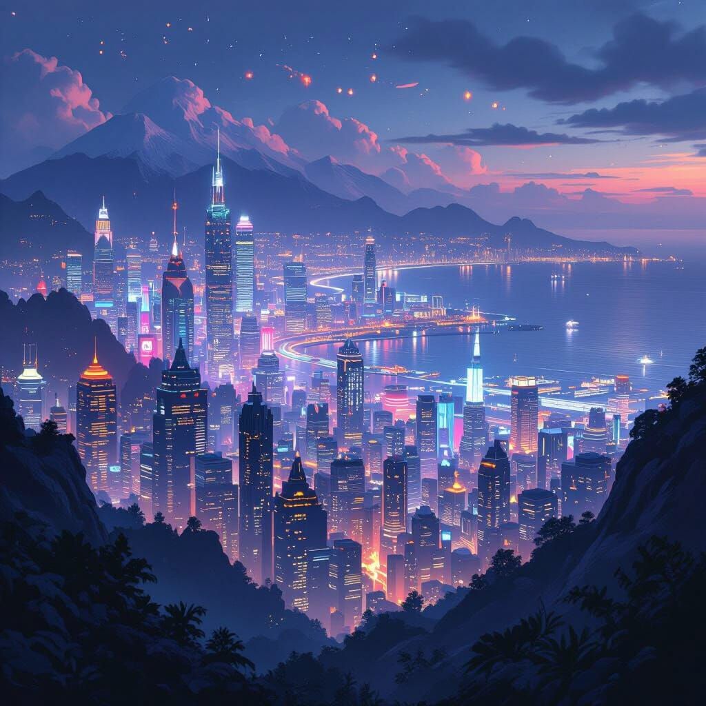 Cyberpunk City View at Night in Fantasy Style