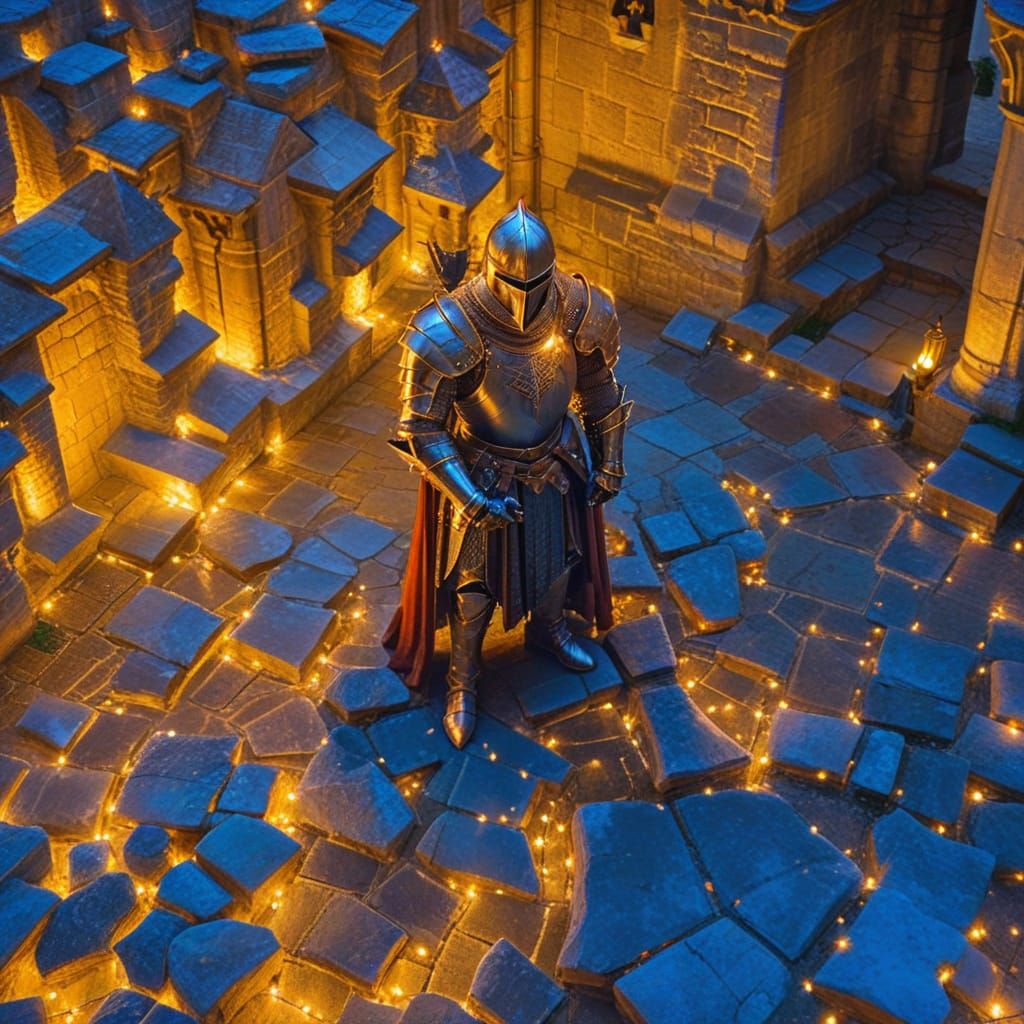 Medieval Knight in Moonlit Castle Courtyard, in Gothic Style