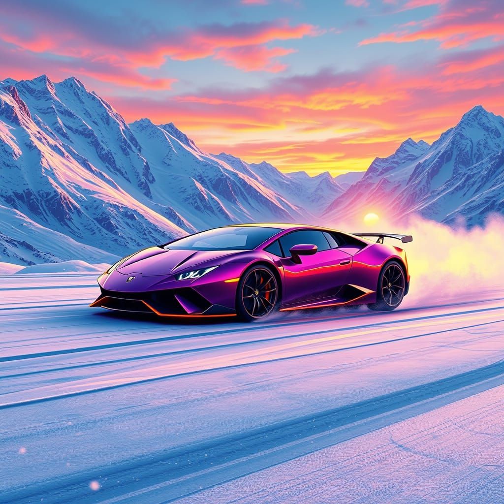 Lamborghini Drifts on Ice Road in Snowy Mountains at Sunset