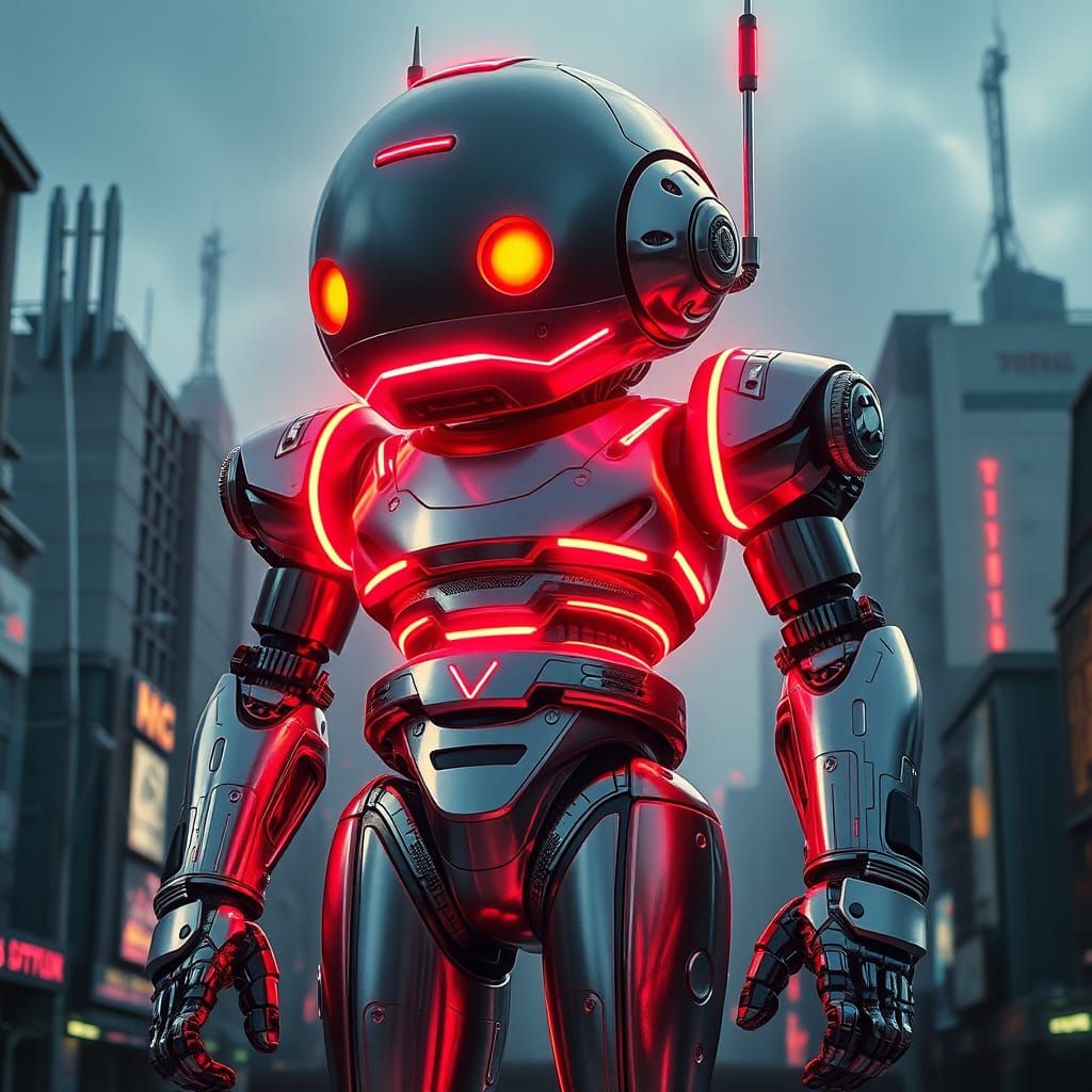 Retro-Futuristic Robot in Cyberpunk Cityscape