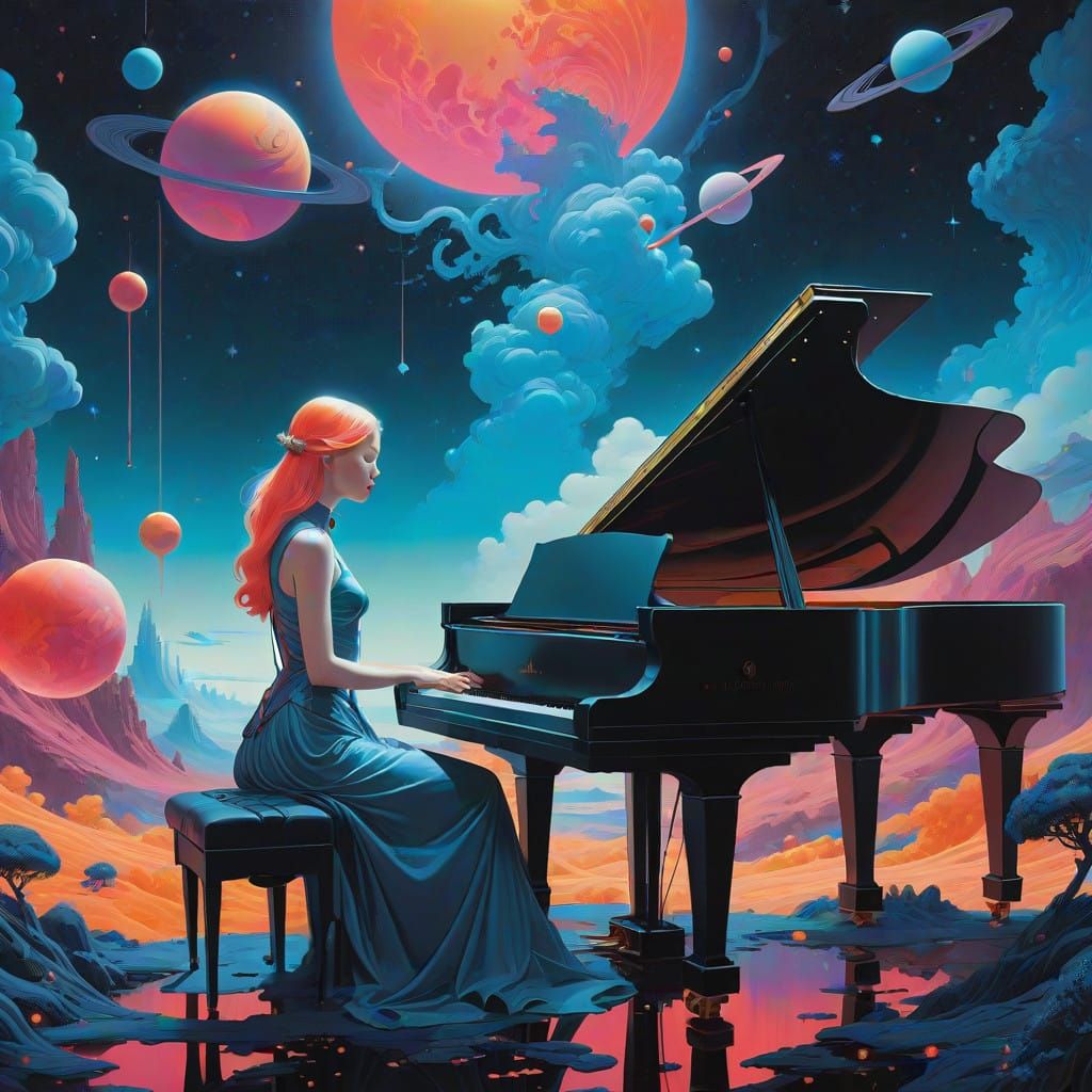 Girl in Cosmic Double Exposure Plays Piano Amongst Vibrant P...