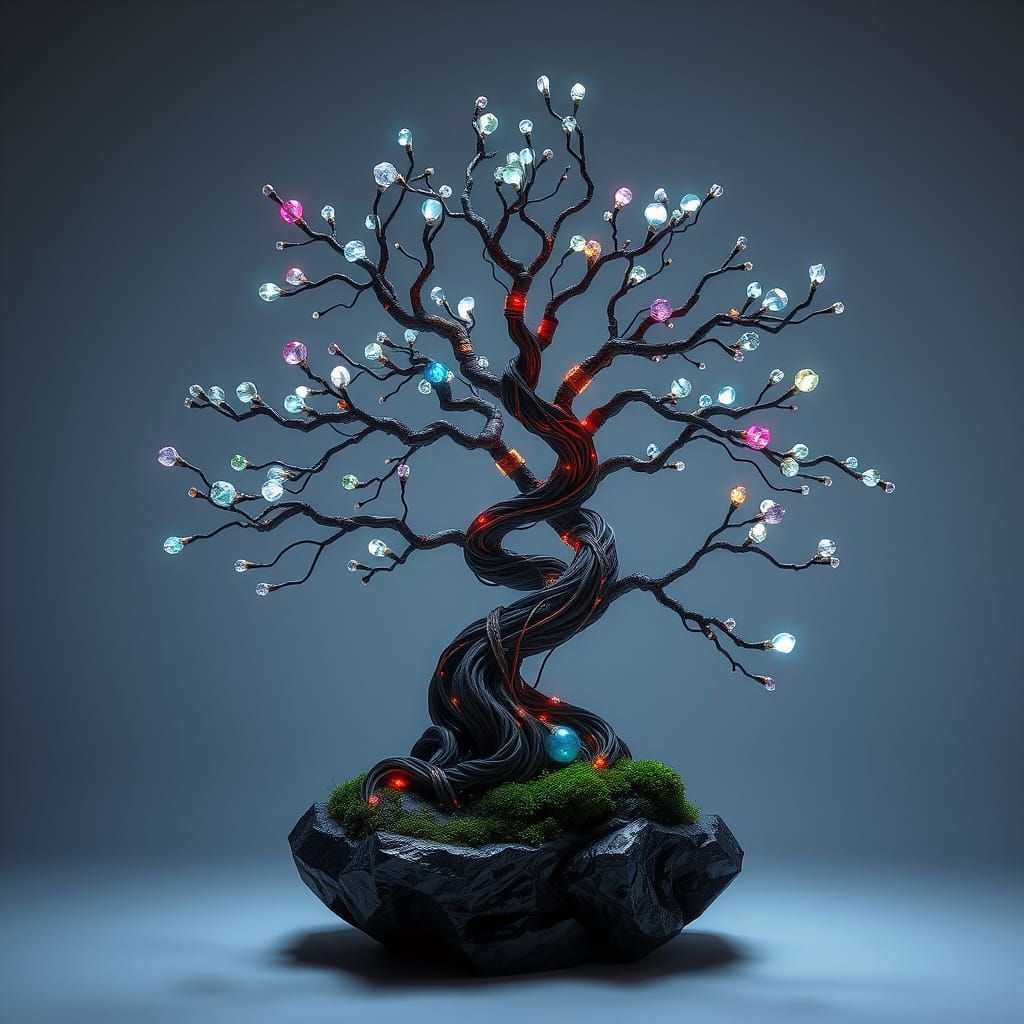 Futuristic Gemstone Bonsai Tree in Zen Garden