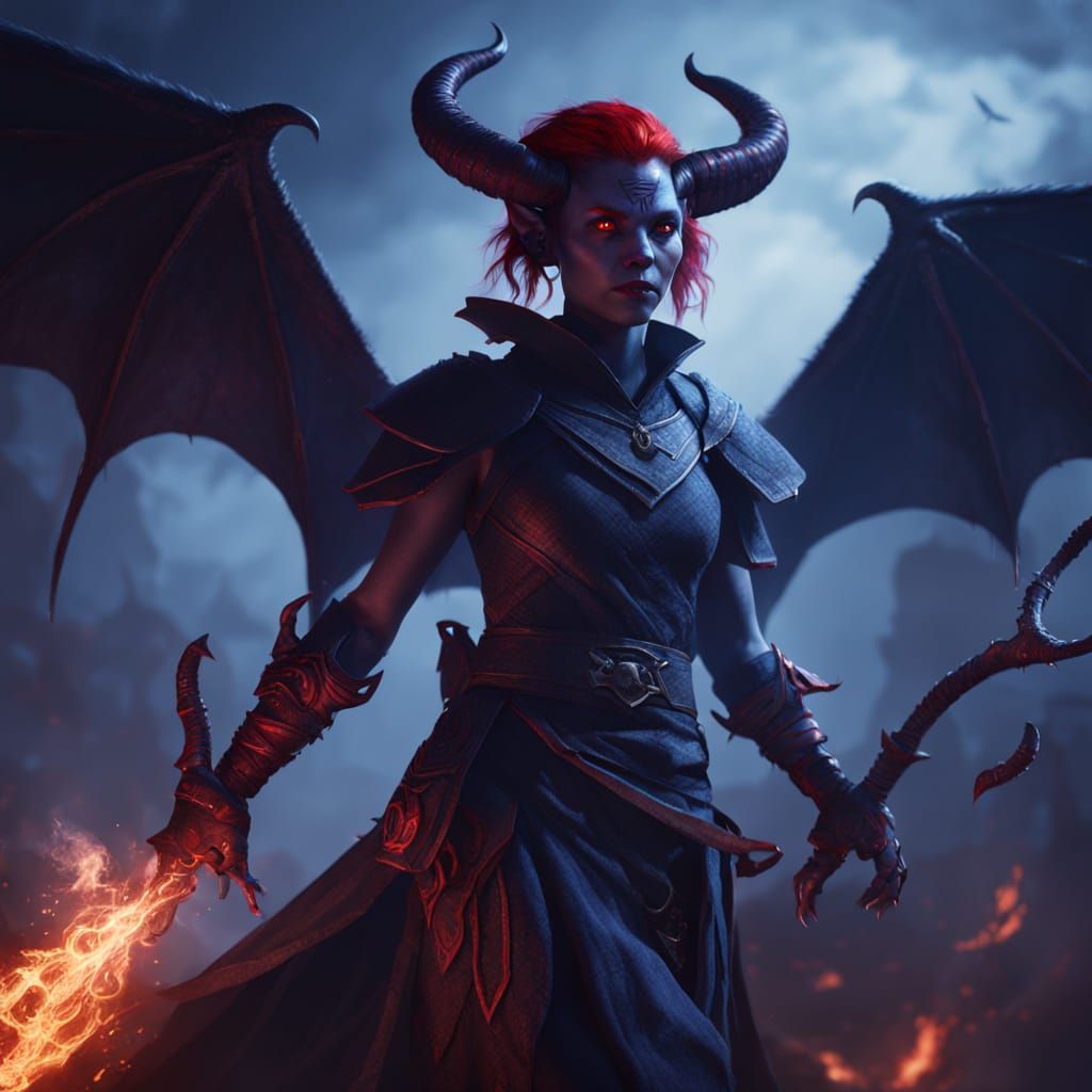Tiefling Sorceress with Bat Wings Concept Art
