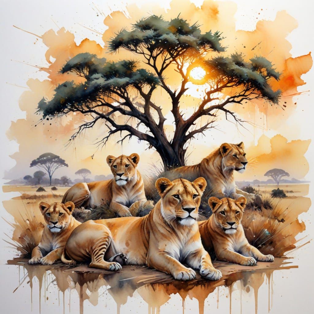 Lioness with Cubs Under Golden Savannah Sunset