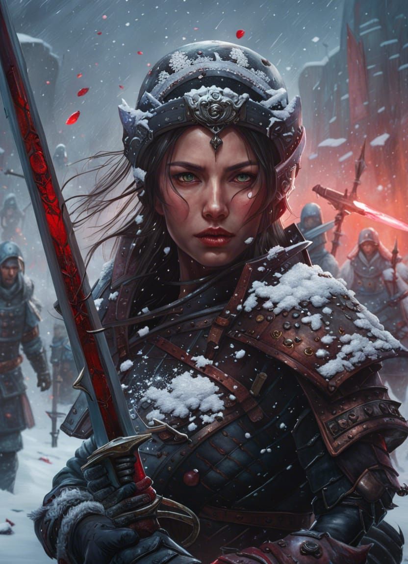 Woman Warrior in Snowy Battle Scene