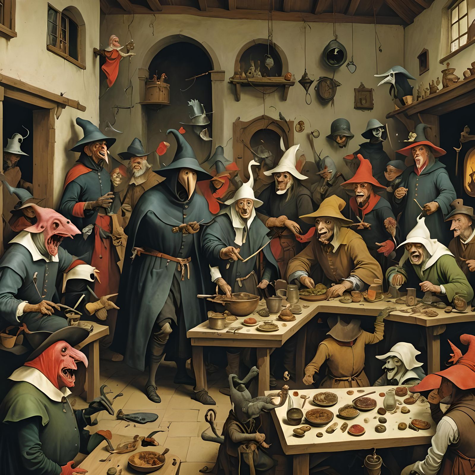 Chaotic Tavern Scene with Plague Doctor
