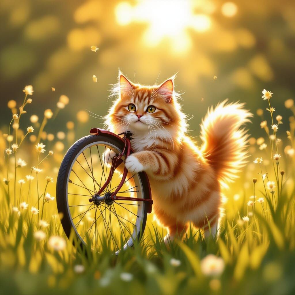 Ginger Cat Pushes Bicycle Wheel in Sunlit Meadow