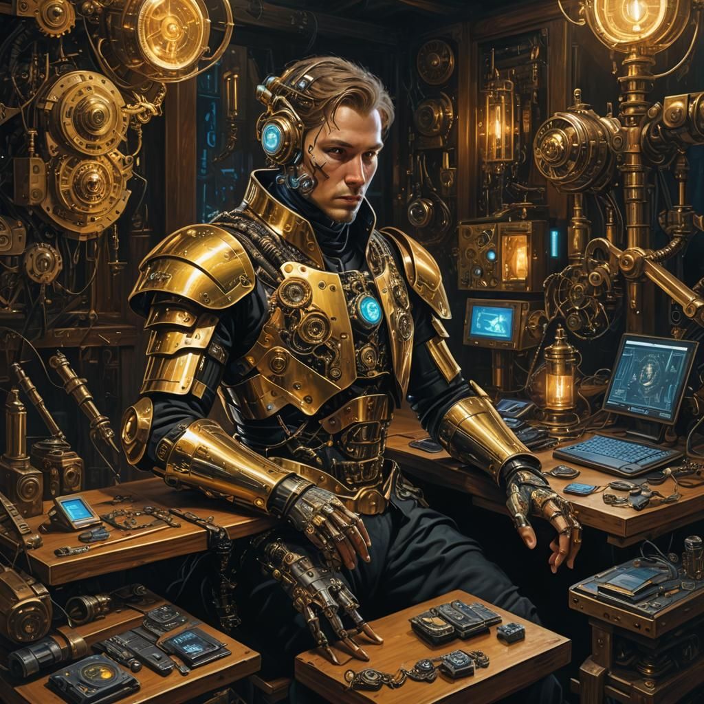 Renaissance Cyborg in Cyberpunk Oil Painting