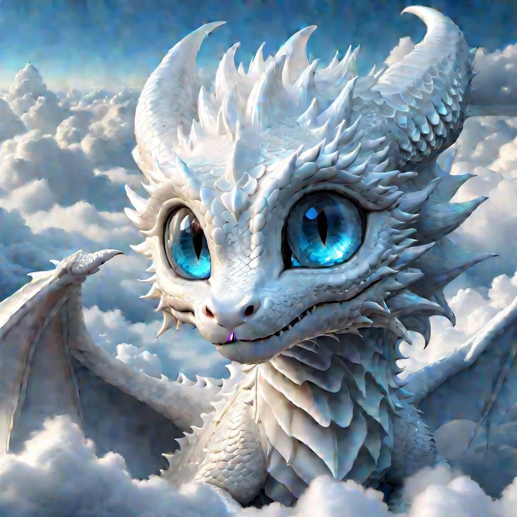 Adorable White Dragon in Cloudy Anime Wonderland