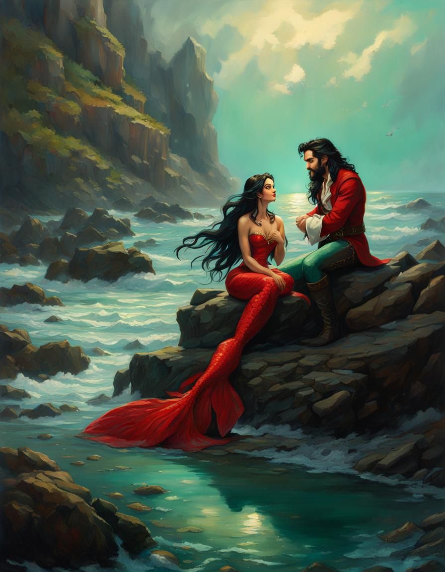 Mermaid and Pirate Captain in Splash Art Style