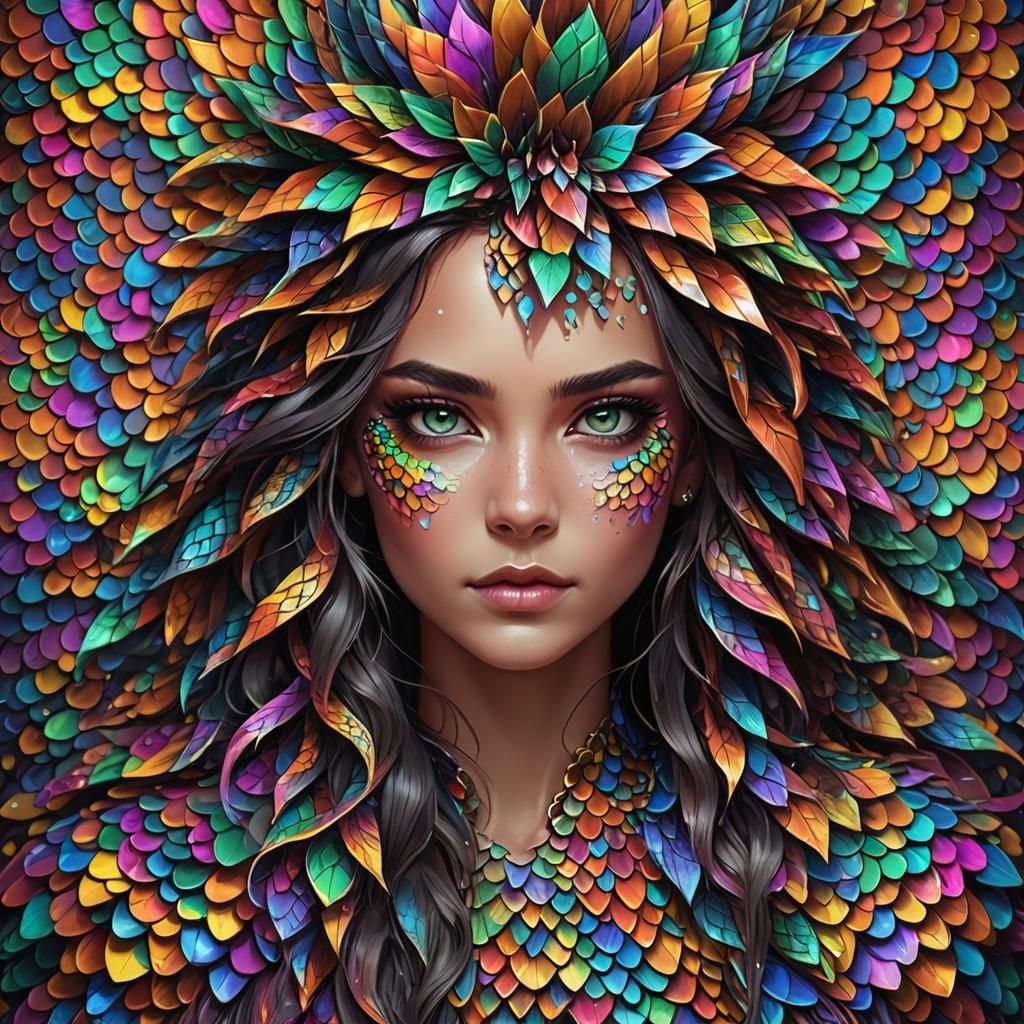 Rainbow Dragon Woman: Detailed Matte Painting