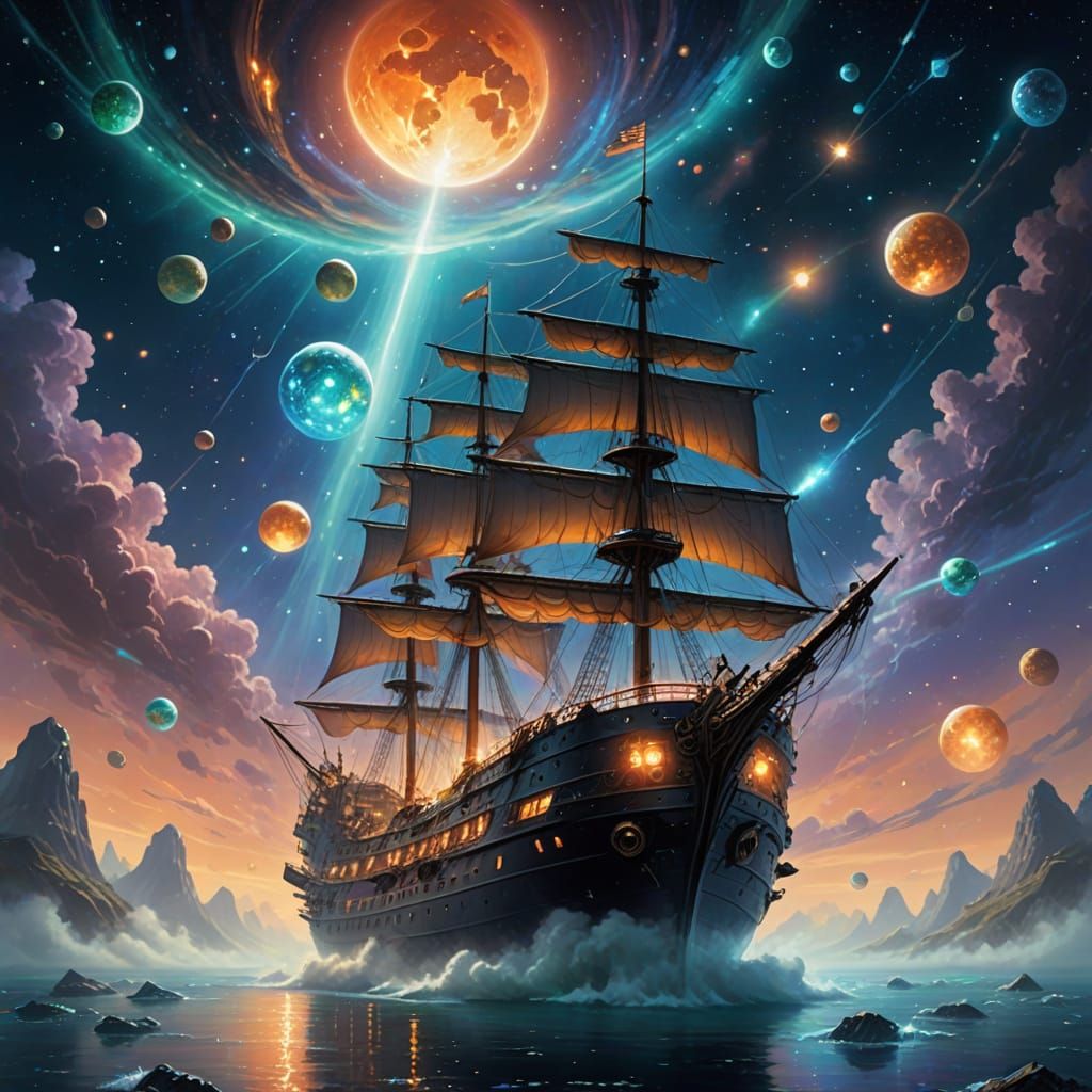 Whimsical Space Ship Drifts in Enchanted Nebula