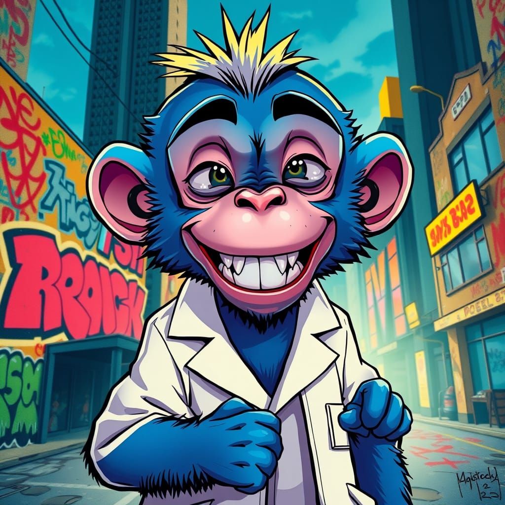 Mischief Meets Manga: Chibi Blue Monkey in Lab Coat