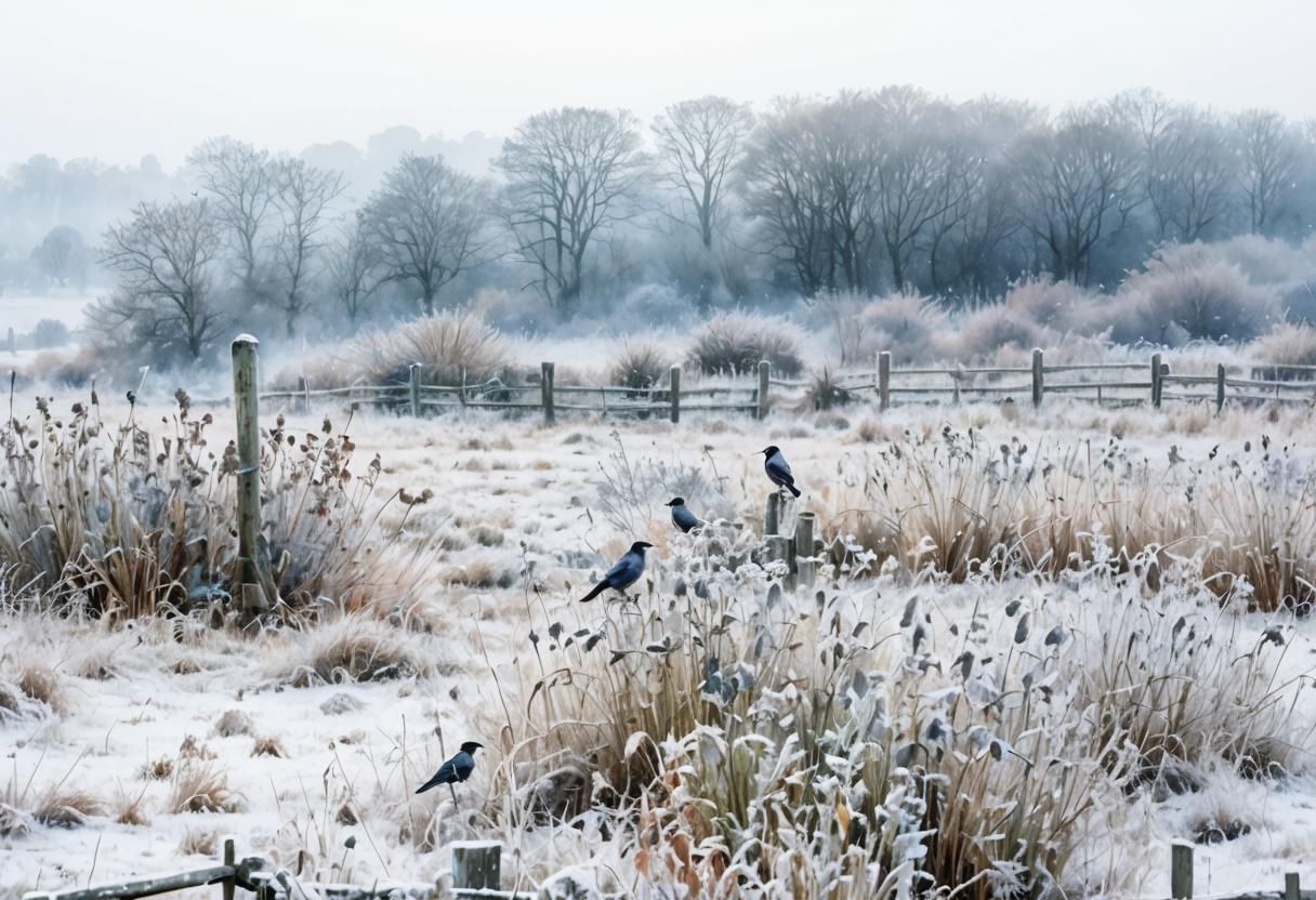 Jackdaw in Winter Field: Watercolor Landscape