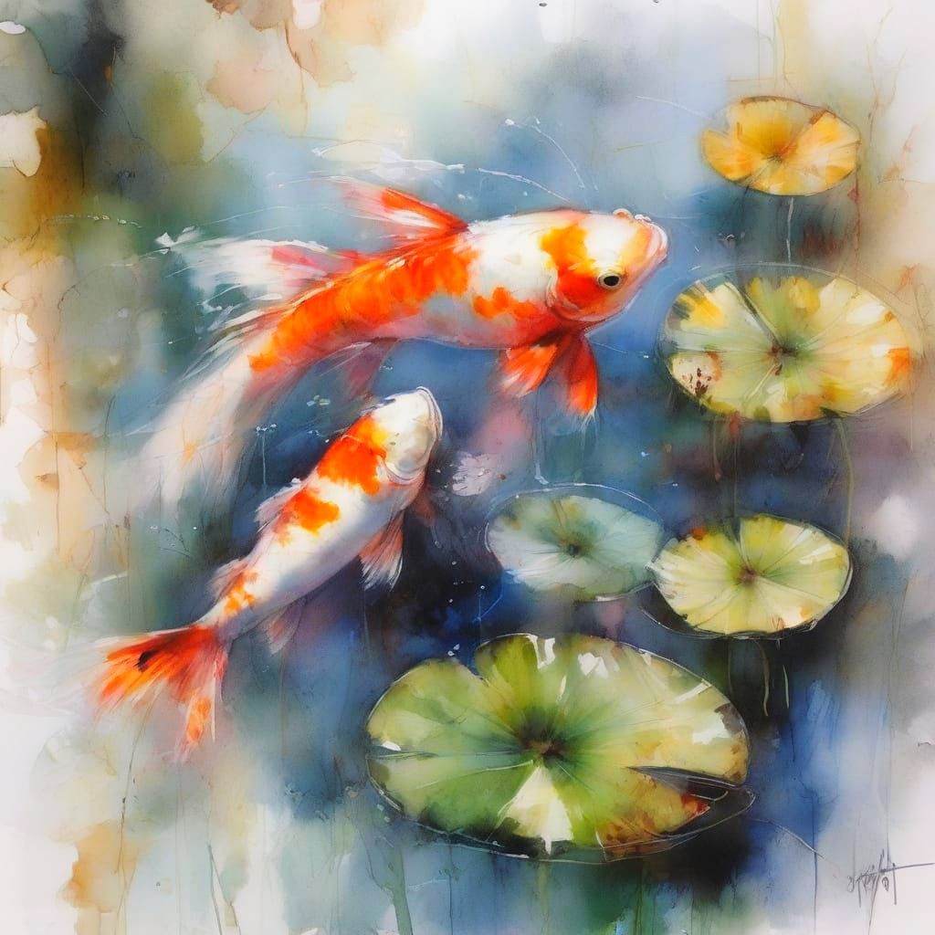 Neo-Impressionist Koi Fish Under Lily Pads