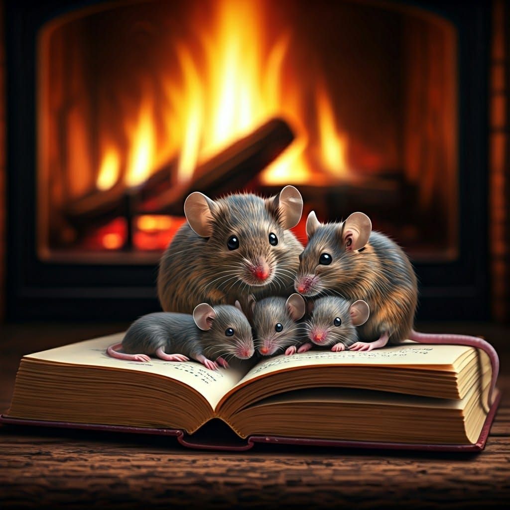 Cozy Family of House Mice Gathered Near a Warm Fireplace