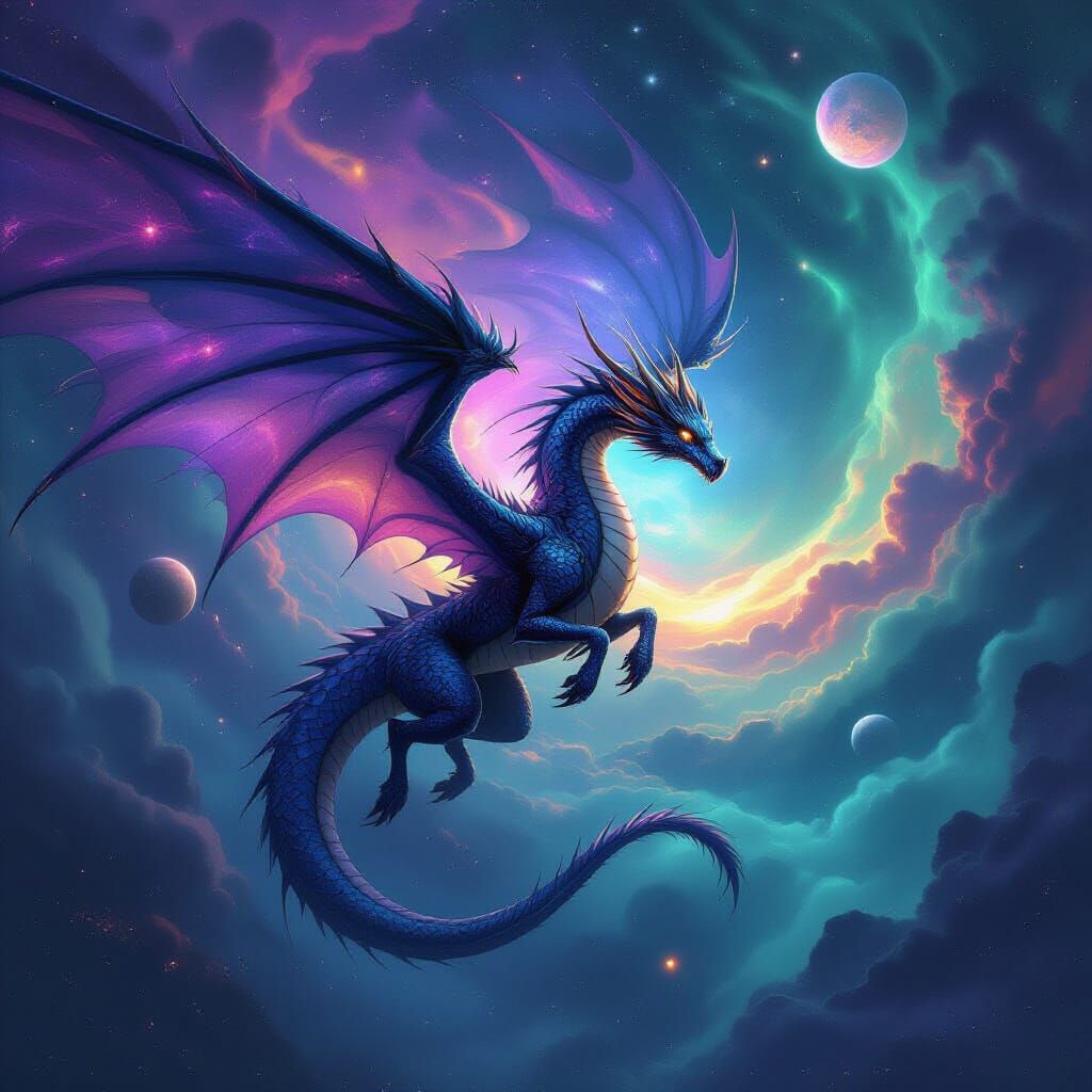 Ethereal Dragon Soars Through Cosmic Galaxy