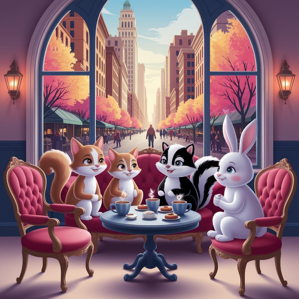 Charming Cartoon Animals Enjoying Coffee in New York City