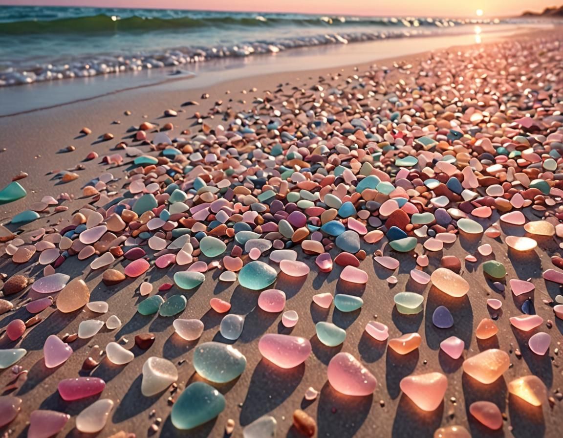 Hyper Realistic Pink Sea Glass Beach at Sunset